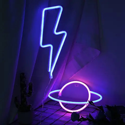 Mreechan Luces de Neón, Neonlicht,Neon Signs,Batería o USB Accionado,luces Ideales para el Hogar, Habitación de los Niños, Bares, Fiestas, Navidad, Bodas. (relámpago y Planeta) - Silicona  