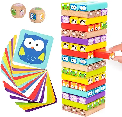 Nene Toys Torre de Bloques Infantil de Madera 4 en 1 con Colores y Animales – Juego de Mesa Familiar Educativo para Niños Niñas de 3 a 9 Años – Regalo para Compartir Entre Padres e Hijos  