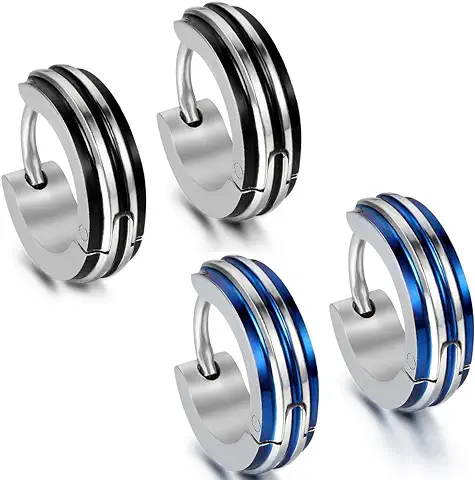OIDEA Pendientes de aro Pequeños con Rayas Simples, Pulidos, Color Negro y azul para Hombre, Cristal, Sin Piedra  