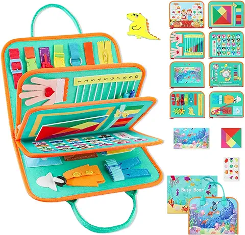 PHYSEN Busy Board Juguetes Educativos Montessori Niños 1 2 3 4 5 Años, 8 Páginas Tablero Sensorial de Actividades Juego, Regalos de Viaje para el Desarrollo de Habilidades Motoras Finas  