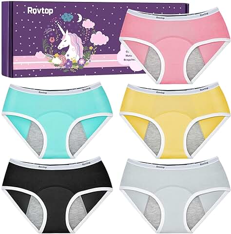 Rovtop 5 PCS Bragas Menstruales Niñas, Bragas Menstruales Mujer,Bragas Especiales a Prueba de Fugas para Niñas Bragas Cómodas y Suaves, Lavables, Negro/Gris/Cian/Amarillo/Rosa  