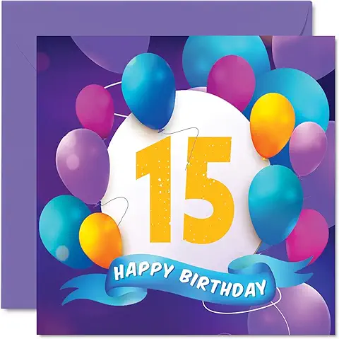 Tarjeta 15 Cumpleaños Niños y Niñas, Fiesta en Globo, Tarjetas Feliz Cumpleaños Adolescentes 15 Años, Hermano, Hermana, Hijo, Hija, Nieto, Nieto, 145 mm x 145 mm, Tarjetas Felicitación Cumpleaños  