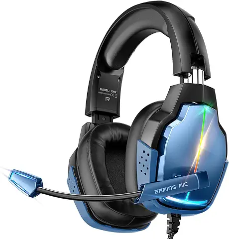 Tatybo Auriculares Gaming PS4 PS5 PC Xbox One Switch, Cascos Gaming PS4 Estéreo con 90° Almohadillas Giratorias, Micrófono con Cancelación de Ruido, 4 Modos RGB Luz (Azul)  