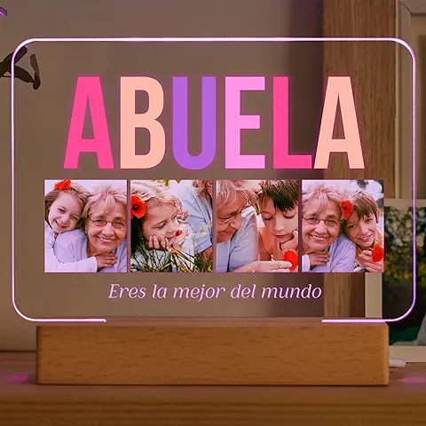 Transparent Gift Lámpara Personalizada Abuelo/Abuela Con Fotos Regalo Cumpleaños Original. Diseño Palabra Abuelo Abuela Iluminada a Color con 4 Fotos en Placa de Metacrilato con base de Madera  