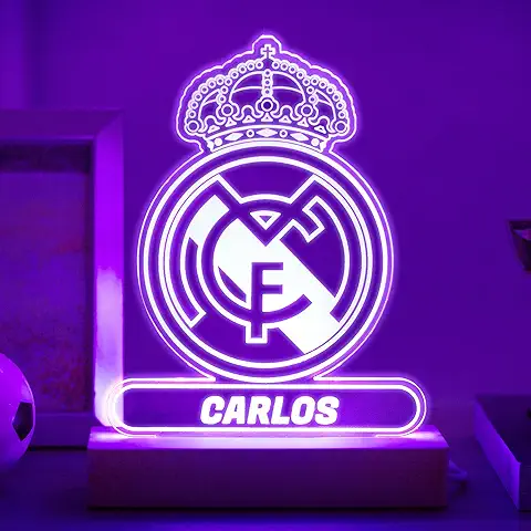 Transparent Gift Lámpara Personalizada Equipos Fútbol. Regalos Originales Cumpleaños Infantiles.Regalos para Hombres, Día del Padre. Diseño Escudo Real Madrid de Metacrilato y Madera  