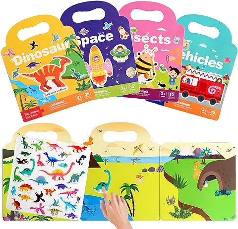 Yeefunjoy Libros de Pegatinas Reutilizables para Niños, 4 Juegos de Libros de Pegatinas, Animal Naturaleza Dinosaurios Juguetes Educativos con Pegatinas, Regalo Adecuado para Niños Niñas de 3+ Años  