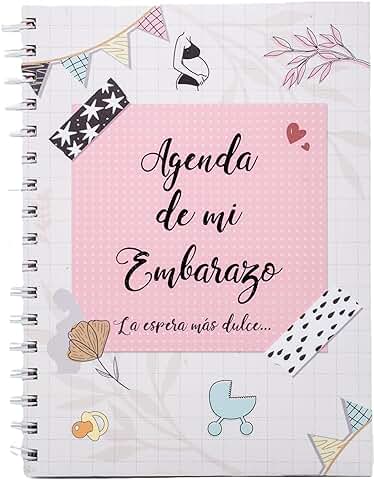 Agenda de mi Embarazo, Diario Embarazo, Semana a Semana, Recuerdo Embarazo, Encuadernación de Espiral y tapa dura 96 pg. 16,5 x 22,5 cm, Impresa a todo Color, Ilustraciones Originales  