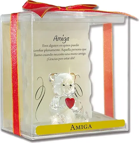 Angel n Bear Modelo Amiga. Osito de Cristal Sobre un Pedestal, con un Corazón Rojo, y una Frase Especial para tu Mejor Amiga. Regalo Decorativo para Grandes Amigas  