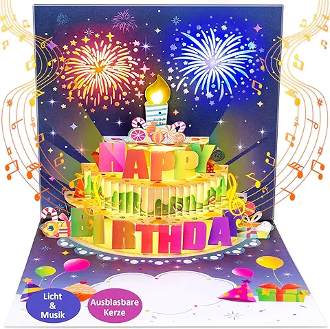 FITMITE Tarjeta de Cumpleaños con Música con luz LED Soplada en 3D, Tarjeta de Cumpleaños con Luces, Regalo de Feliz Cumpleaños para Esposa, Mejor Amiga, Niños, Esposa, Hermana..  
