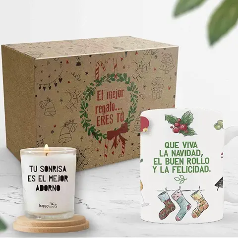 Happymots Pack Regalo Feliz Navidad | Taza de Navidad + Vela Aromática | Original Idea de Regalo en Navidad | Lista para Regalar con caja de Kraft Decorada y Mensaje Navideño Happymots Pack Regalo Feliz Navidad | Taza de Navidad + Vela Aromática | Original Idea de Regalo en Navidad | Lista para Regalar con caja de Kraft Decorada y Mensaje Navideño