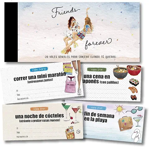 Happymots Talonario 20 Amistad | Friends Forever | Regalos Originales para Amigas | 15 Propuestas + 5 Vales para Rellenar | Regalo para Cumpleaños, Fiestas, Celebraciones de Amigas  