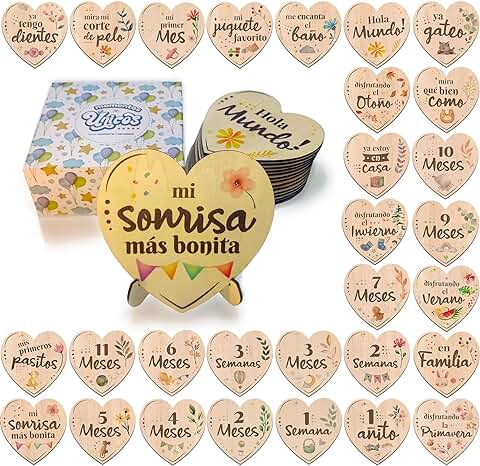 MOMENTOS ÚNICOS. Caja Ideal para Regalo Nacimiento Bebé, Mamá Embarazada Primeriza. 15 Fichas Madera, en Español + Soporte. Obtén las Mejores Fotografias de Hitos y Cumplemeses del Recién Nacido.  