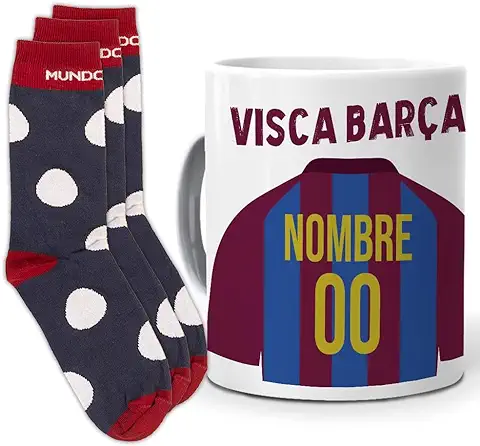 Mundohuevo Regalo Original Equipo de Futbol. Taza (Personalizada) y Trio de Calcetines. Barcelona. Personaliza la Taza con el Nombre y Numero Que Quieras  