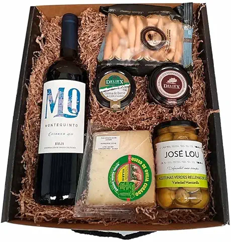 Regalo Caja Picoteo 11 - Vino Montequinto Crianza, Quesos en Cuña y para Untar, Paté de Jamón, Aceitunas y Colines. Regalo Caja Picoteo 11 - Vino Montequinto Crianza, Quesos en Cuña y para Untar, Paté de Jamón, Aceitunas y Colines.