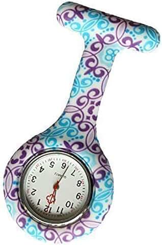 Reloj Médico Reloj Prendedor de Broche de Túnica de Paramédico Doctor Enfermera Silicón de Flores Geométricas Azul & Morado  