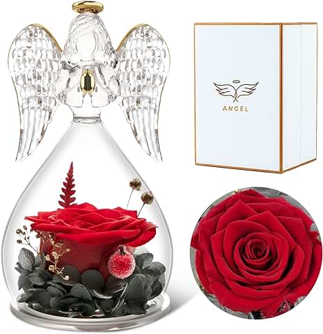 Sunia Rosa Eterna Angel, Regalos Mama, Flores Preservadas en Angels Figurines, Ángel de Cristal con Flores Eternas, Regalo San Valentin Mujer, Regalo Cumpleaños Mujer, Regalos Originales para Mujer  