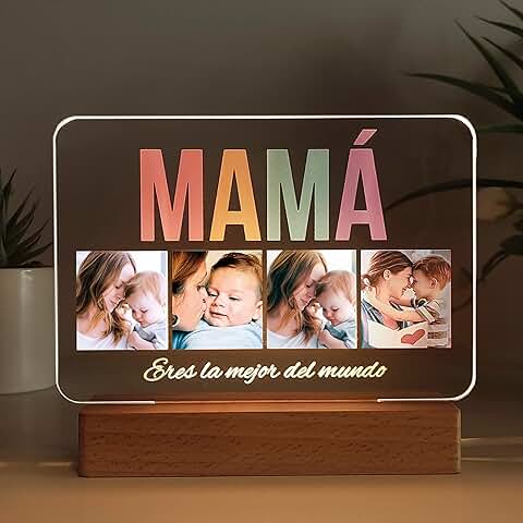 Transparent Gift Lámpara Personalizada Mamá Con Fotos Multicolor y Frase para Día de la Madre, Regalo Cumpleaños Mujer. Ideas Regalos Originales para Mamá. Diseño en Placa Metacrilato con Luz  