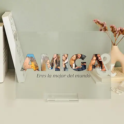 Transparent Gift Placa Personalizada Amiga con Fotos. Regalos Originales Días Especiales, Regalo Cumpleaños Personalizado, Diseño Palabra Amiga con Fotos y Frase en Placa de Metacrilato  