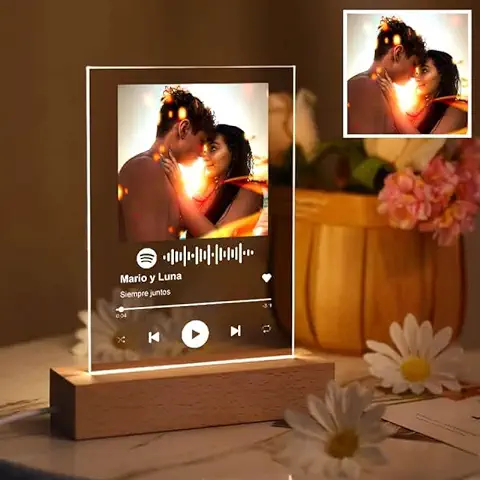 Transparent Gift Placa Spotify Personalizada con Foto. Diseño con Código Escaneable de Canción. Regalo de Cumpleaños Original, Regalos Pareja, Aniversario, San Valentín. Con Marco o Base con Luz  