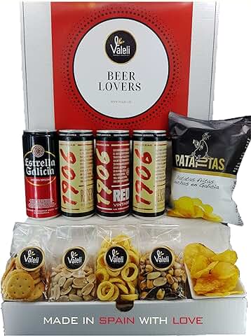 Valeli.Cesta Cervezas Estrella Galicia. Cesta Gourmet Regalo Original con Frutos Secos y Snacks. Regalo para él, Ella, Amigo, SAN VALENTÍN, Cumpleaños, Padre, Enamorados (ESTRELLA GALICIA)  